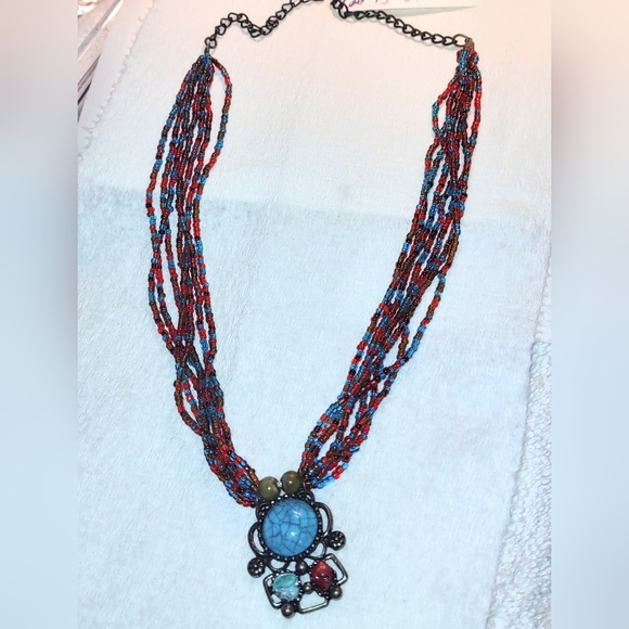 Multi-strand Turquoise & Red Beaded Necklace - Picture 5 of 7